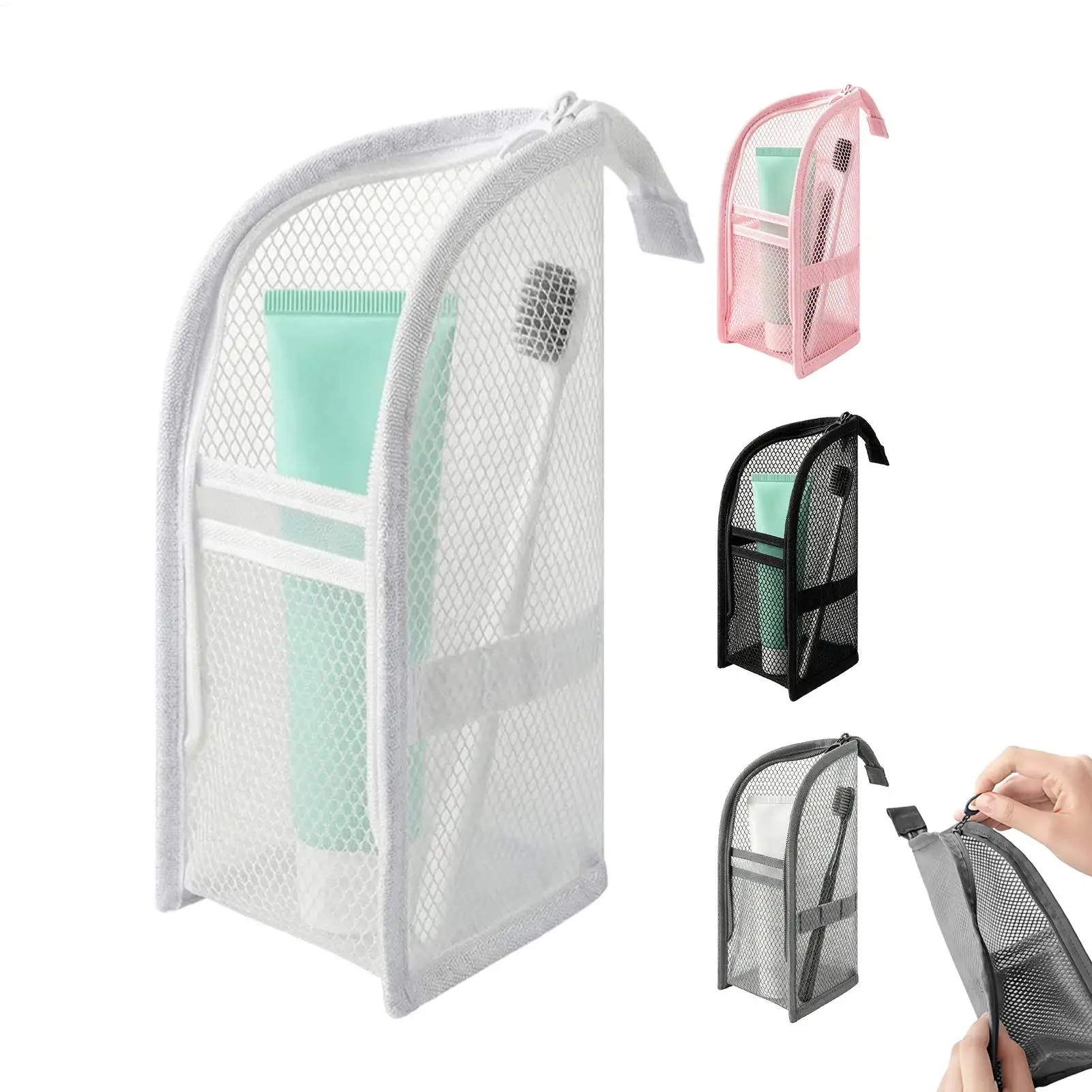Portable Standing Mesh Toiletry Bag Waterproof Travel Foldable Toothbrush Cosmetic Organizer Women Bathroom Storage Pouch