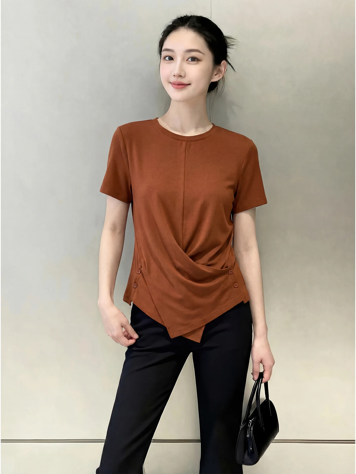 

Caramel Colored Asymmetric Cross ort Sve T-irt Women's plus Size Slimming Spring Design Folded Detail Top