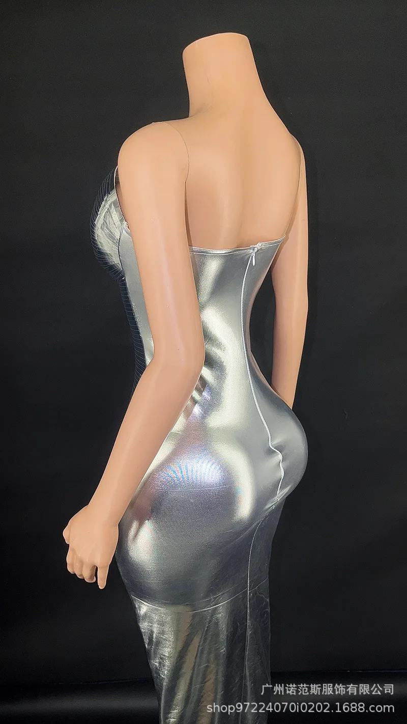 Zilver glanzend slank slank gala-avond muziekfestival zanger liedpak live house prestatiepak verjaardagsoutfits avondjurken