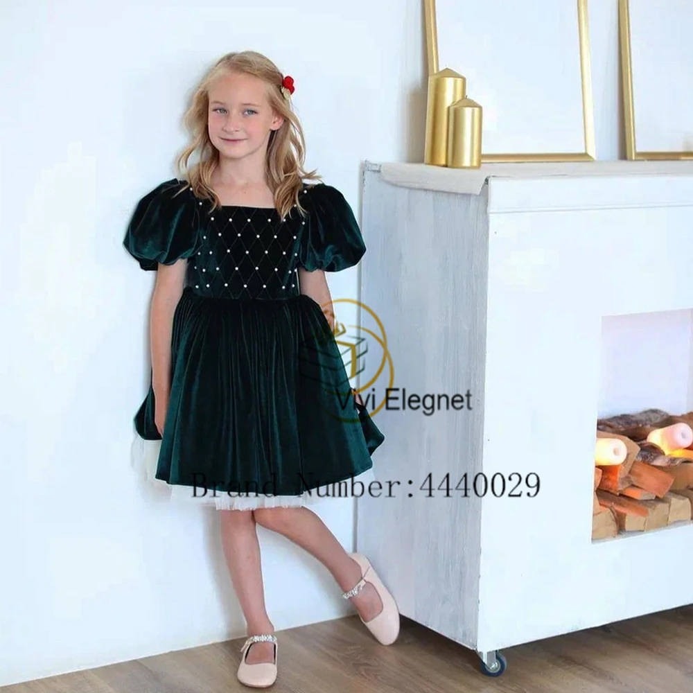 

Green imple Flower Girls Dresses with Beading 2024 Summer Knee Length Puffy Sleeve Christmas Gowns Zipper Back Robe De Soirée