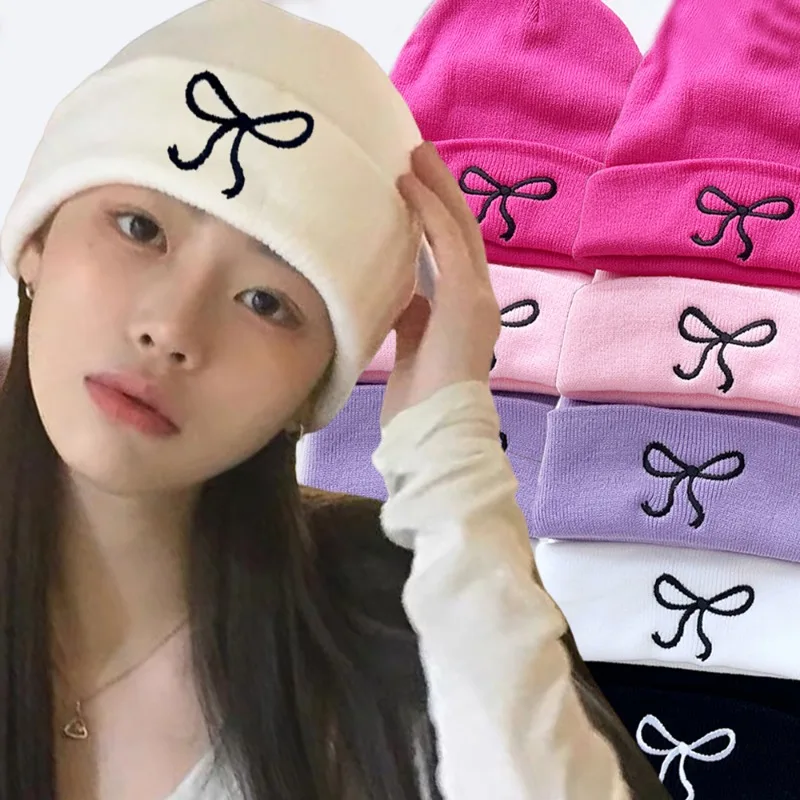 Sweet Bowknot Knitted Hat Women Y2K Bow Embroidered Elastic Beanies Cap Girls Autumn Winter Warm Solid Color Skullcap Bonnet