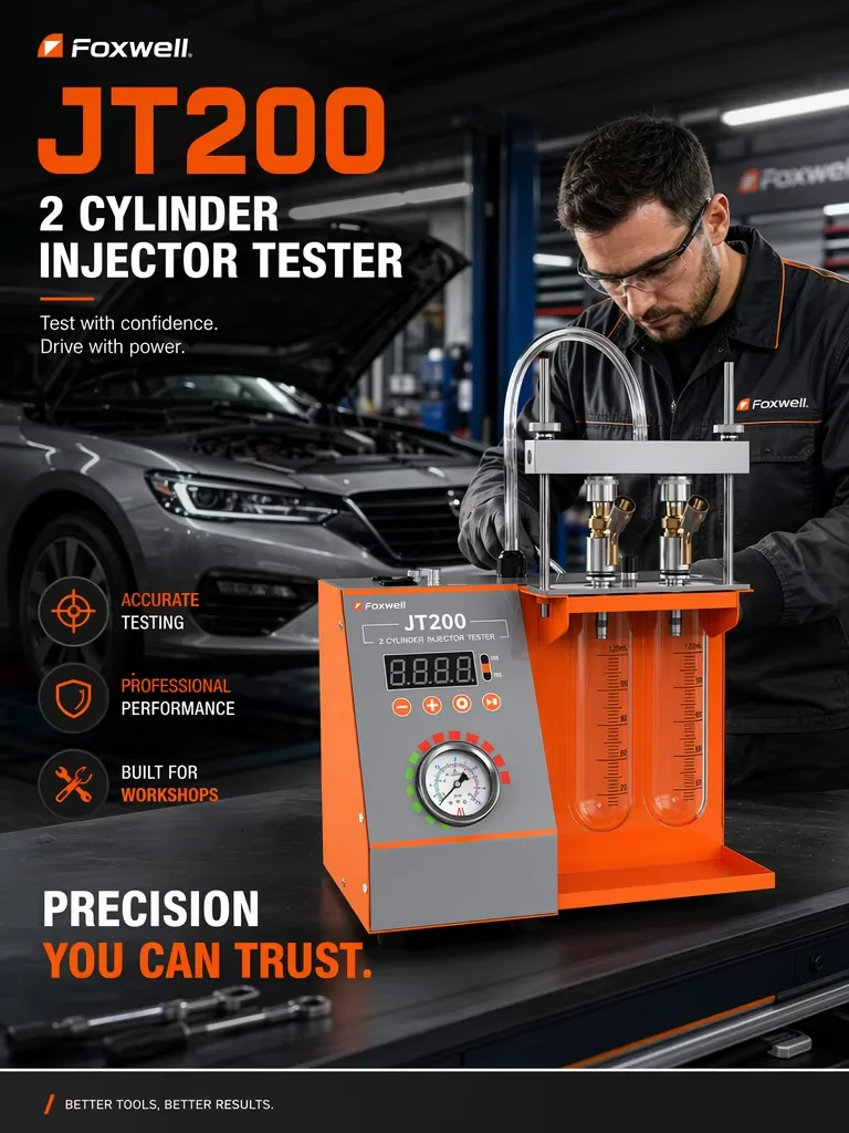 Foxwell JT200 12V Einspritzdüsen-Tester und -Reiniger 4-IN-1 Auto- und Motorrad-Einspritzdüsen-Diagnosegerät für Reparaturwerkstätten