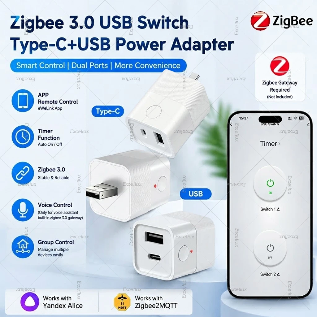Zigbee 3.0 USB Adaptor Switch 5V USB/Type-C Smart Zigbee Power Plug APP Timing DIY ON/OFF Controller Zigbee2MQTT Need Gateway