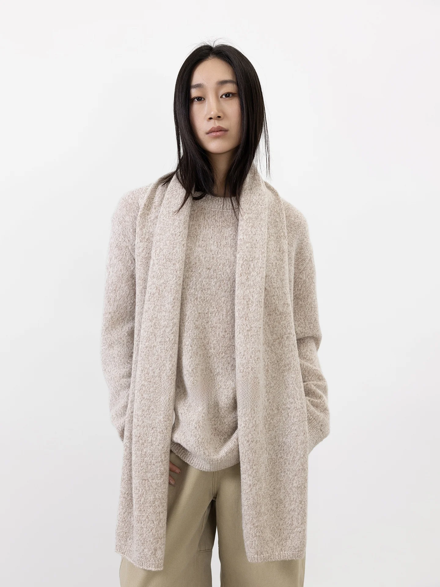 

Женский комплект Seei: вязаный свитер из 100% шерсти и шарф-накидка с круглым вырезом, двухцветный, зимний, теплый, мягкий, свободный крой