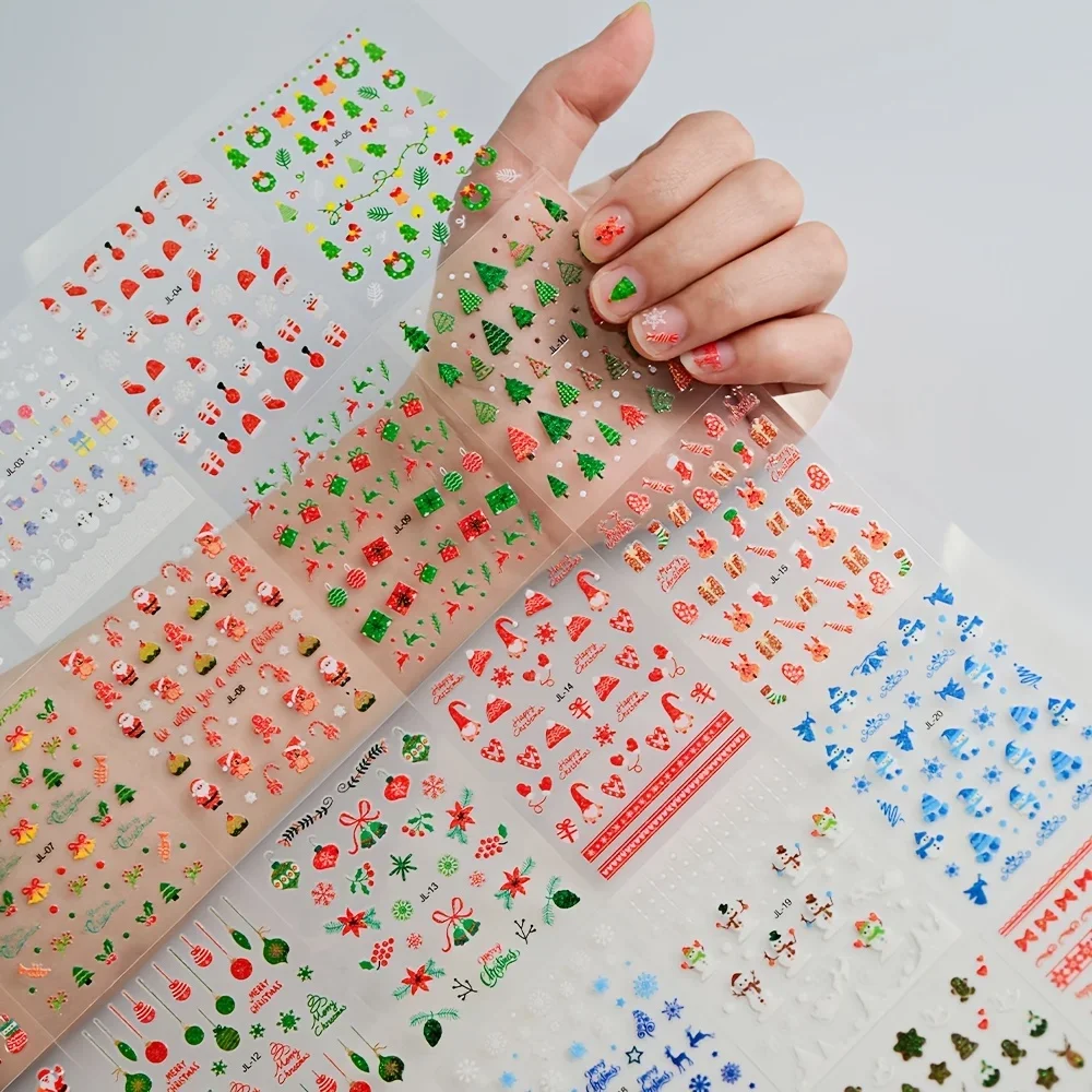 30개입 크리스마스 네일 아트 스티커 세트, 셀프 접착식, 일회용 데칼, 순록 크리스마스 트리 디자인, 귀여운 세미 매트 마감