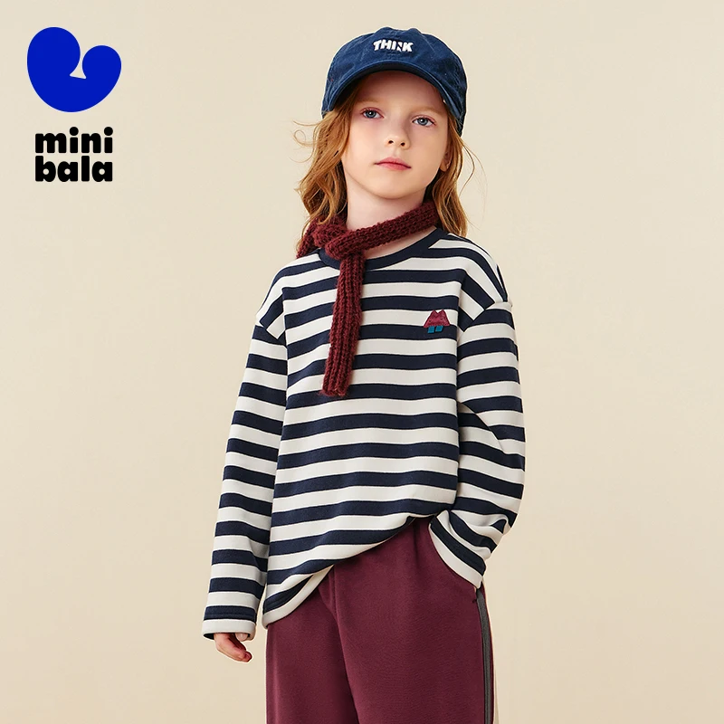 تي شيرت صغير بالا للأطفال بأكمام طويلة 2025 شتاء جديد ماص للرطوبة مبطن بالصوف قميص حراري مخطط