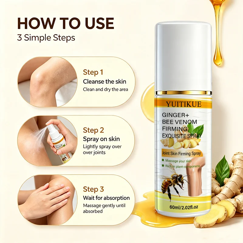 YUITIKUE Ginger Bee Venom Firming Spray 60ml Joint Skin Care Spray Plant Ingredients for Knee Elbow Shoulder Body Joint Care