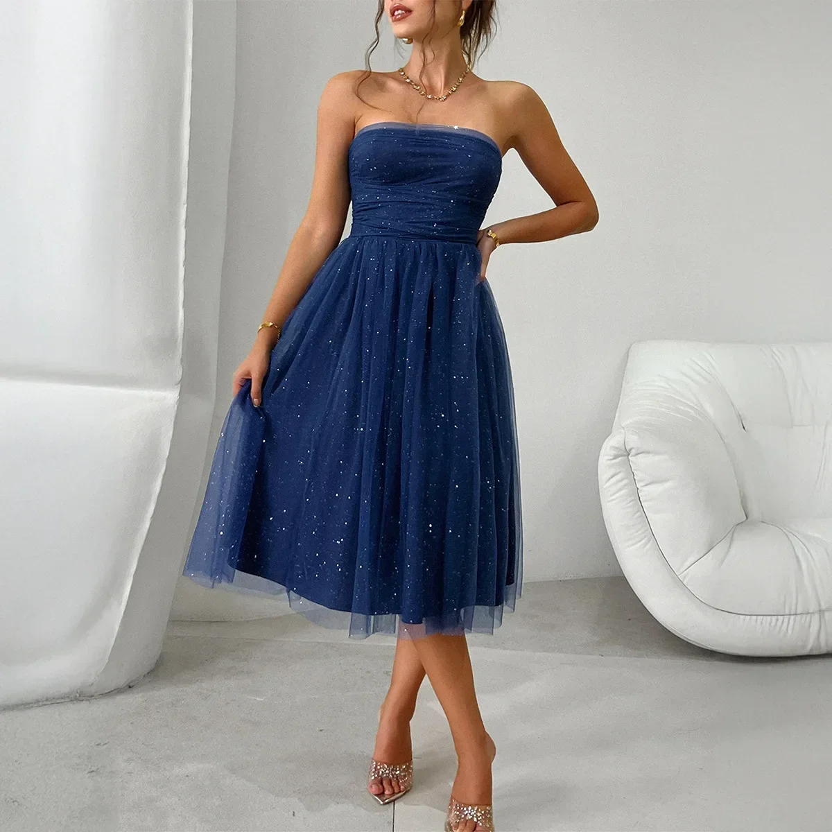 LIBIELIY Chest Wrapped High Waist Gauze Midi Dress Summer Solid Color Bright Women's Evening Dress Fashion Simple Ladies Prom Pa