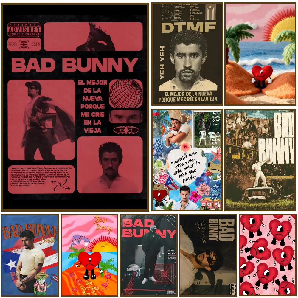 Music Rock Music B-Bad Bunny Poster Self-adhesive Living Room Bedroom Party Bar Decor Moisture-proof Fade-resistant HD