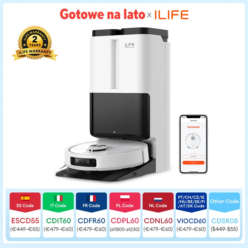 ILIFE T60s Robot Vacuum with Self-Sufficient Station for Hot Air-Drying, Hair Collection, Auto Wash, AI & LDS, Auto Mop Lift
