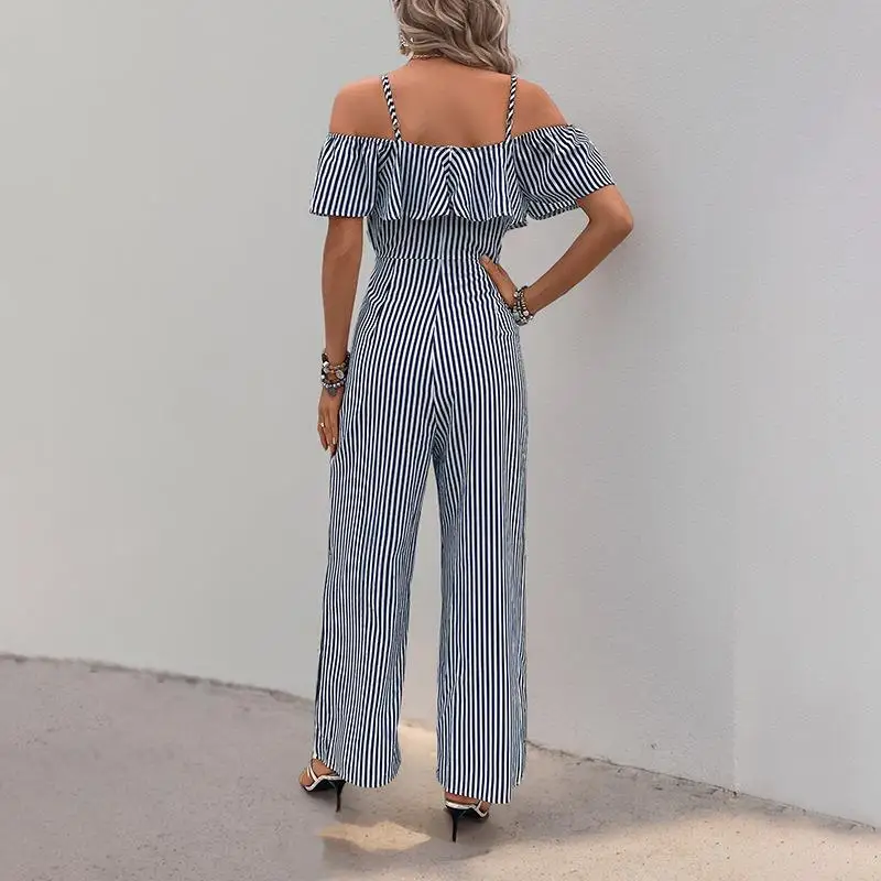 2025 Nuovi pantaloni interi per le vacanze per il tempo libero con cinturino oulder-baring Pantaloni lunghi a gamba larga a righe verticali Materiale PU ultrasottile