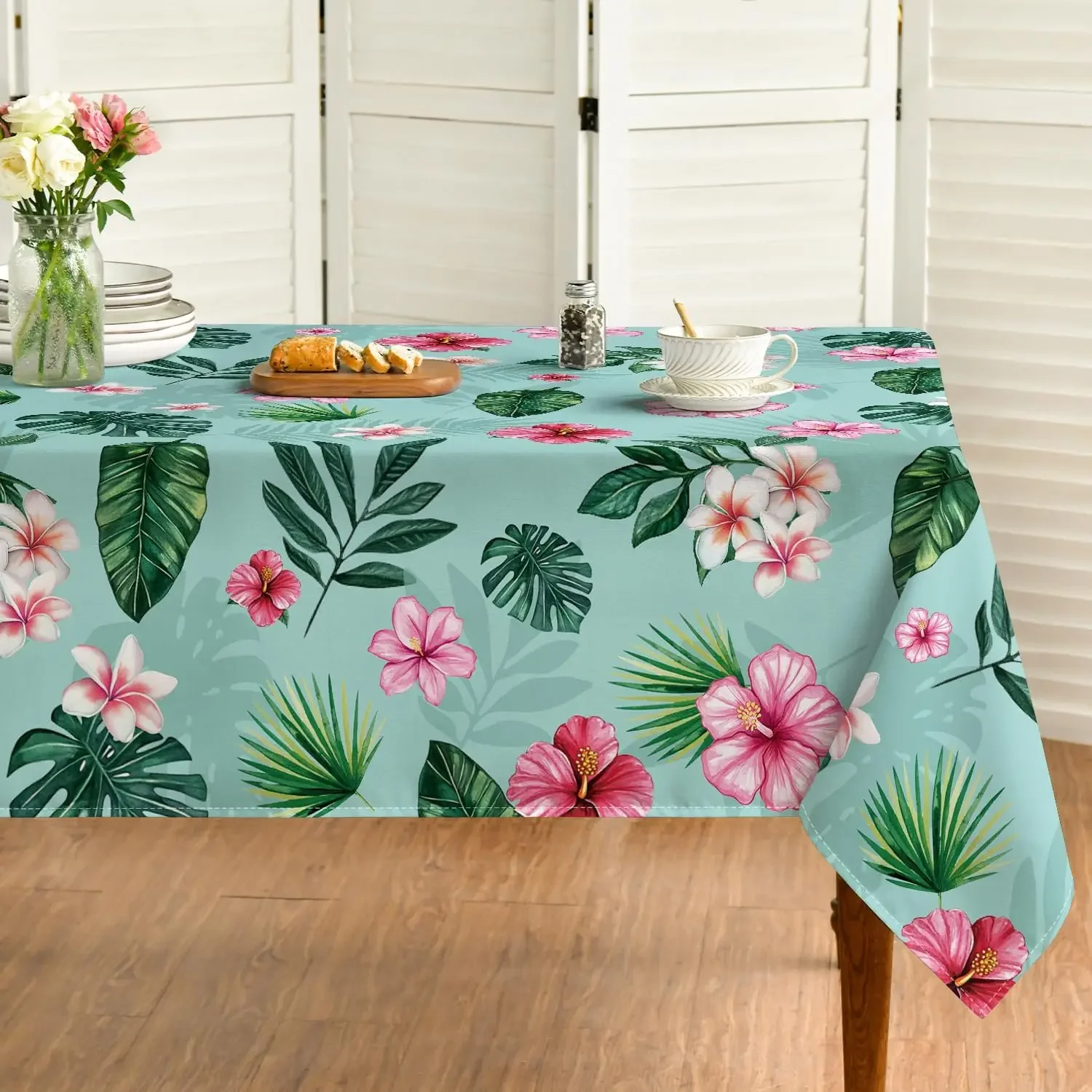 1pc Tropical Floral Tablecloth Light Blue Hibiscus Leaf Print Table Cover For Dining Kitchen Party Decor Dustproof Rectangular