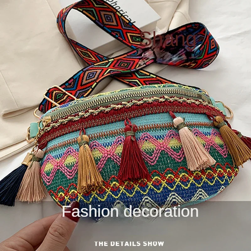 Women Folk Style Waist Bags with Adjustable Strap Variegated Color Fanny Pack with Fringe Decor Pochete Feminina Riñonera Belt