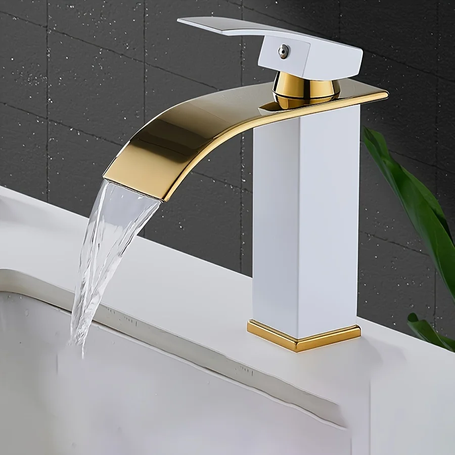 

1pc Waterfall Bathroom Faucet In Black Gold And White Gold, 304 Stainless Steel Dual Temperature Control, Classic Style, Touch B