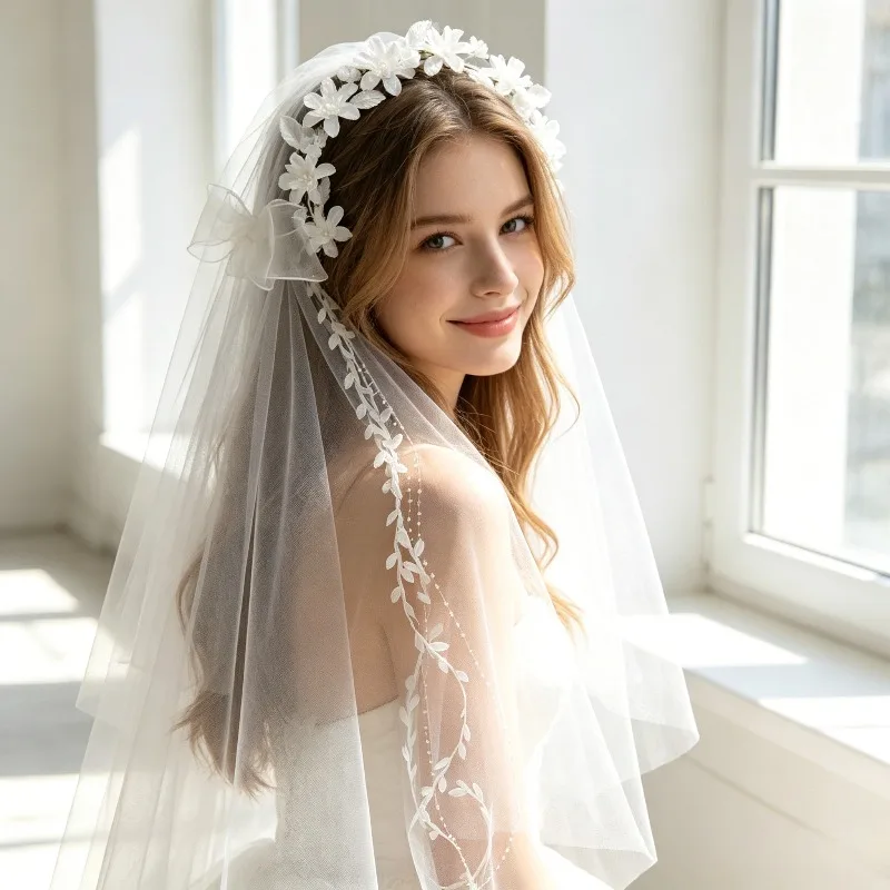 

White Bridal Flower Crown Headband with Veil Pearl Vine Wedding Party Headpiece for Bridal