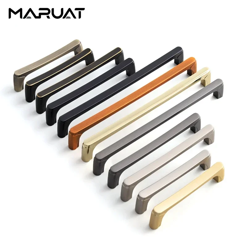 Modern Zinc Alloy Furniture Handles Matte Black Wardrobes Door Pulls and Drawer Knobs 128mm Bright Gold Kitchen Cabinets Handles