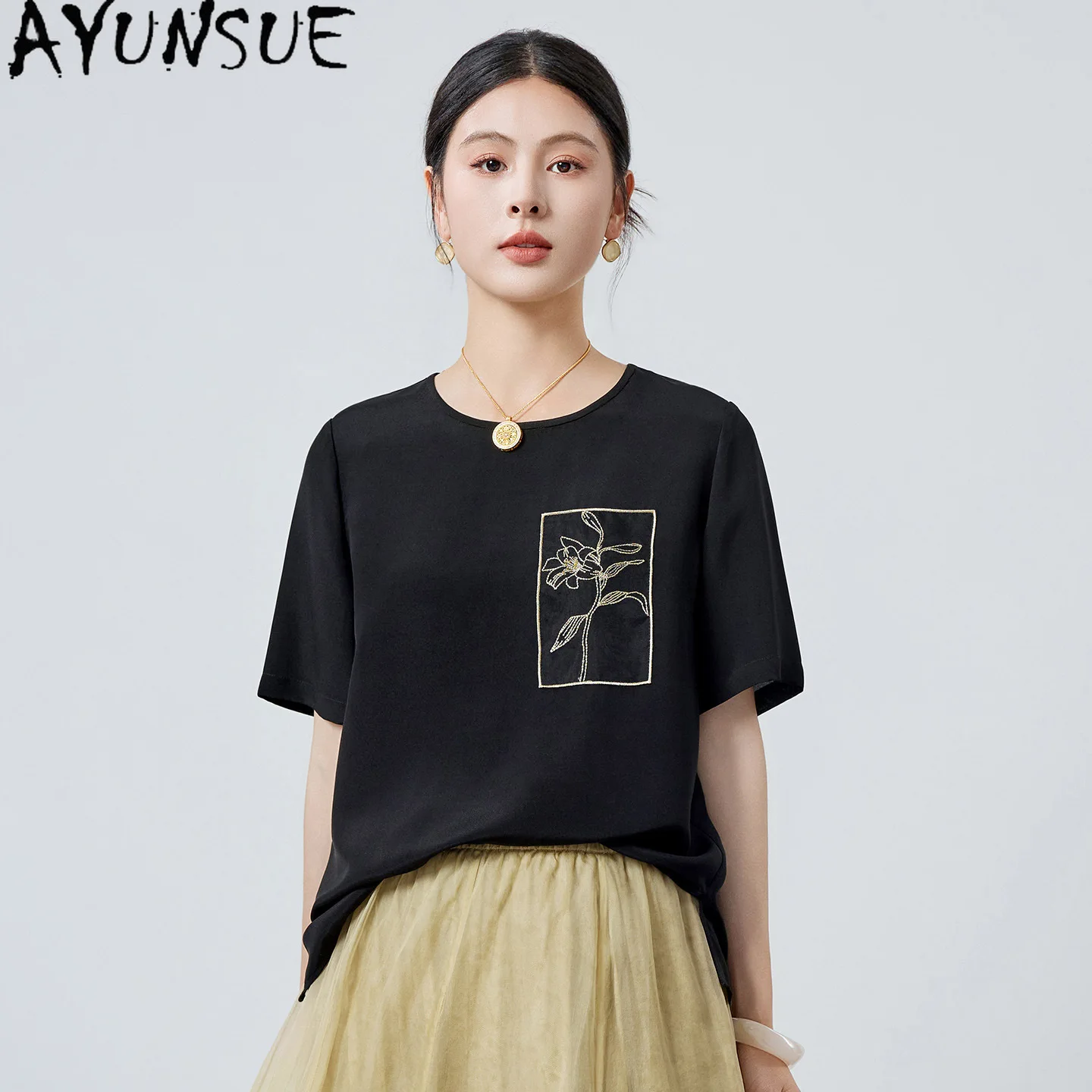 AYUNSUE 41.1% Real Mulberry Silk Tops for Woman 20MM Silk Shirts Women Floral Embroidered Women Clothing 2026 Summer Ropa Mujer
