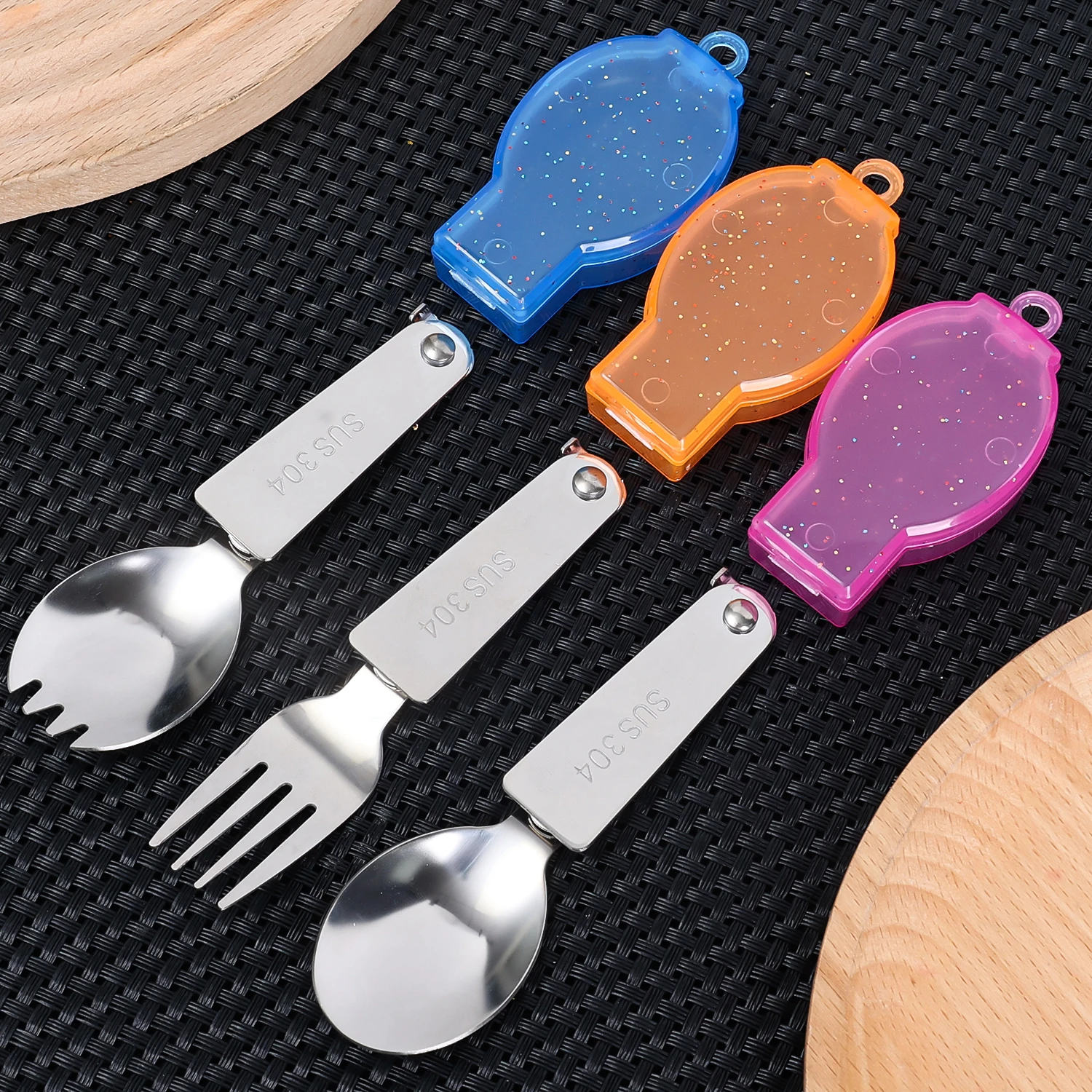 Outdoor Travel Stainless Steel Folding Spoon Tableware Camping Portable Triple Folding Spork Telescopic Carry-on Storage Box