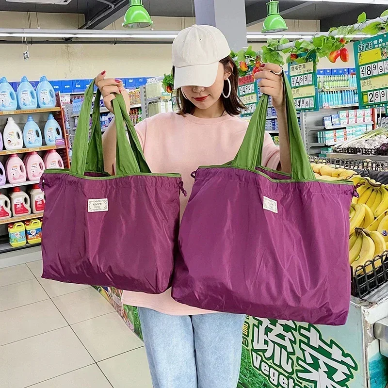 1-Pack Reusable Shopping Bag, Large Capacity Foldable Drawstring Eco-friendly Storage Bag, Casual Shopping Shoulder Bag