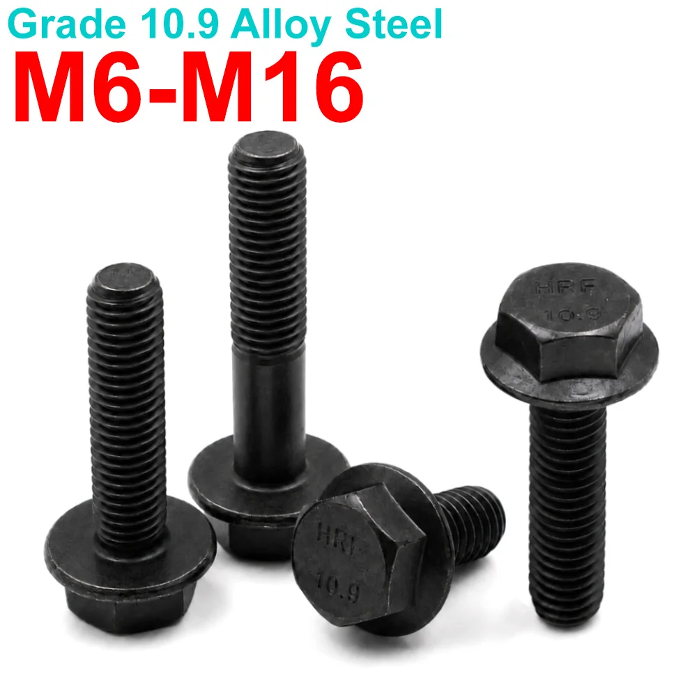 Black Steel Class 10.9 Hex Flange Bolts Non Serrated Large Flange Head Screws GB5787 Full Partial Thread M6 M8 M10 M12 M14 M16