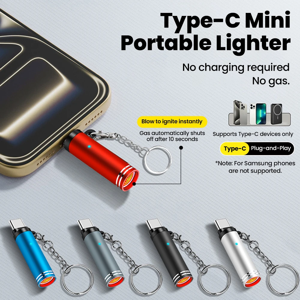 Elough Type C Mini Portable Lighter Air Blast Cigarette Lighter Outdoor Safety Windproof Explosion-Proof Lighter for IPhone15-17
