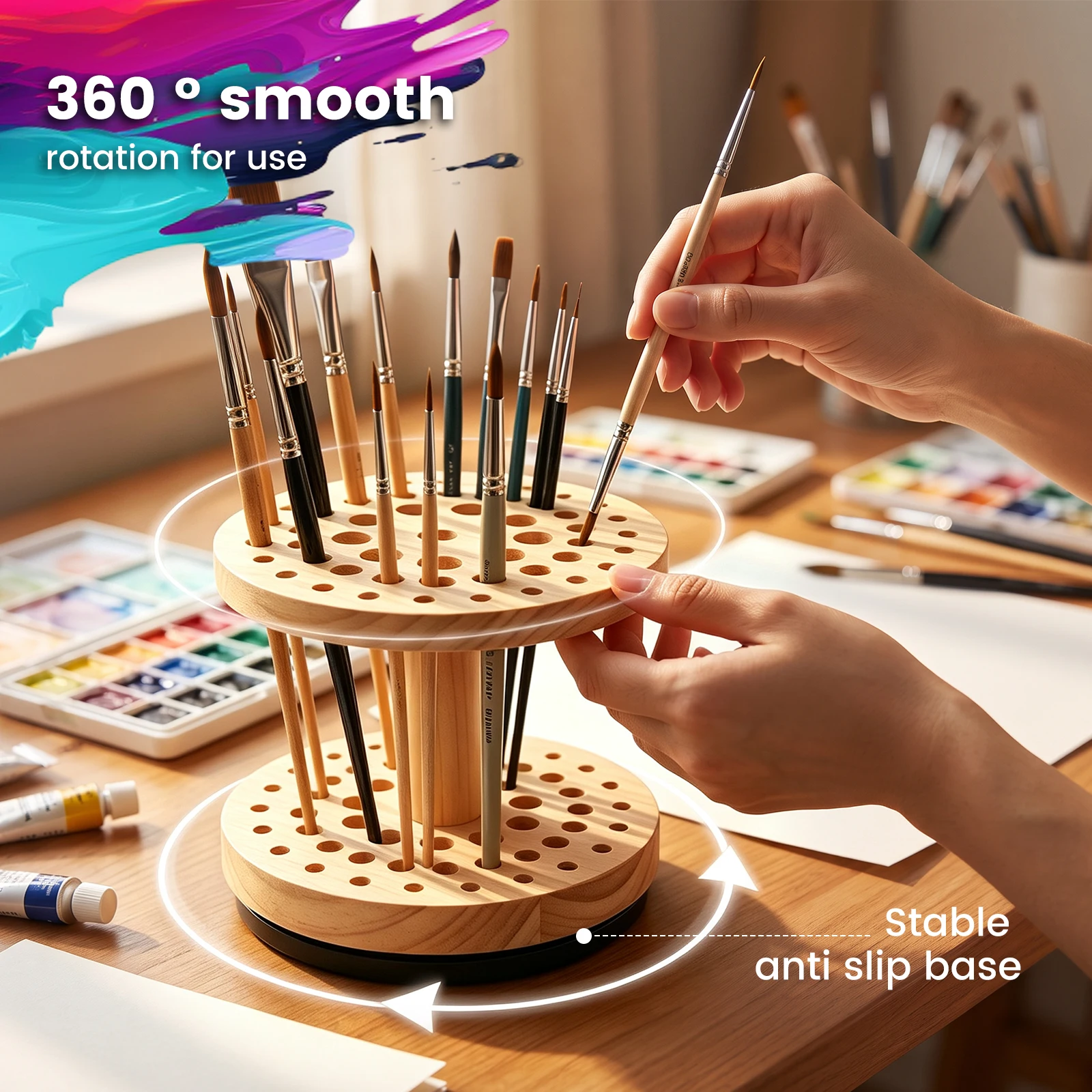 Wooden Paint Brush Holder 360° Rotating 52 Multi Size Holes for Artist Paint Brush Holder Paint Pen Organizer Painting Supplies