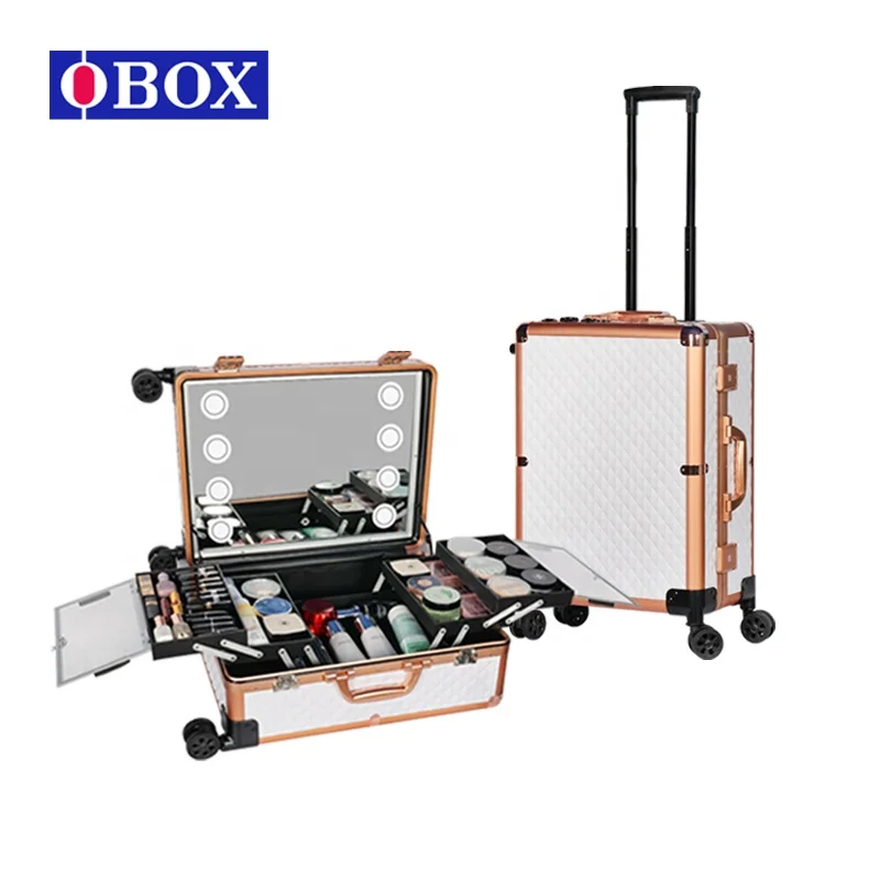 Professional Cosmetic Organizer Trolley Vintage Style Portable LED Light Vanity Station Travel Gift For Ladies Factory Price