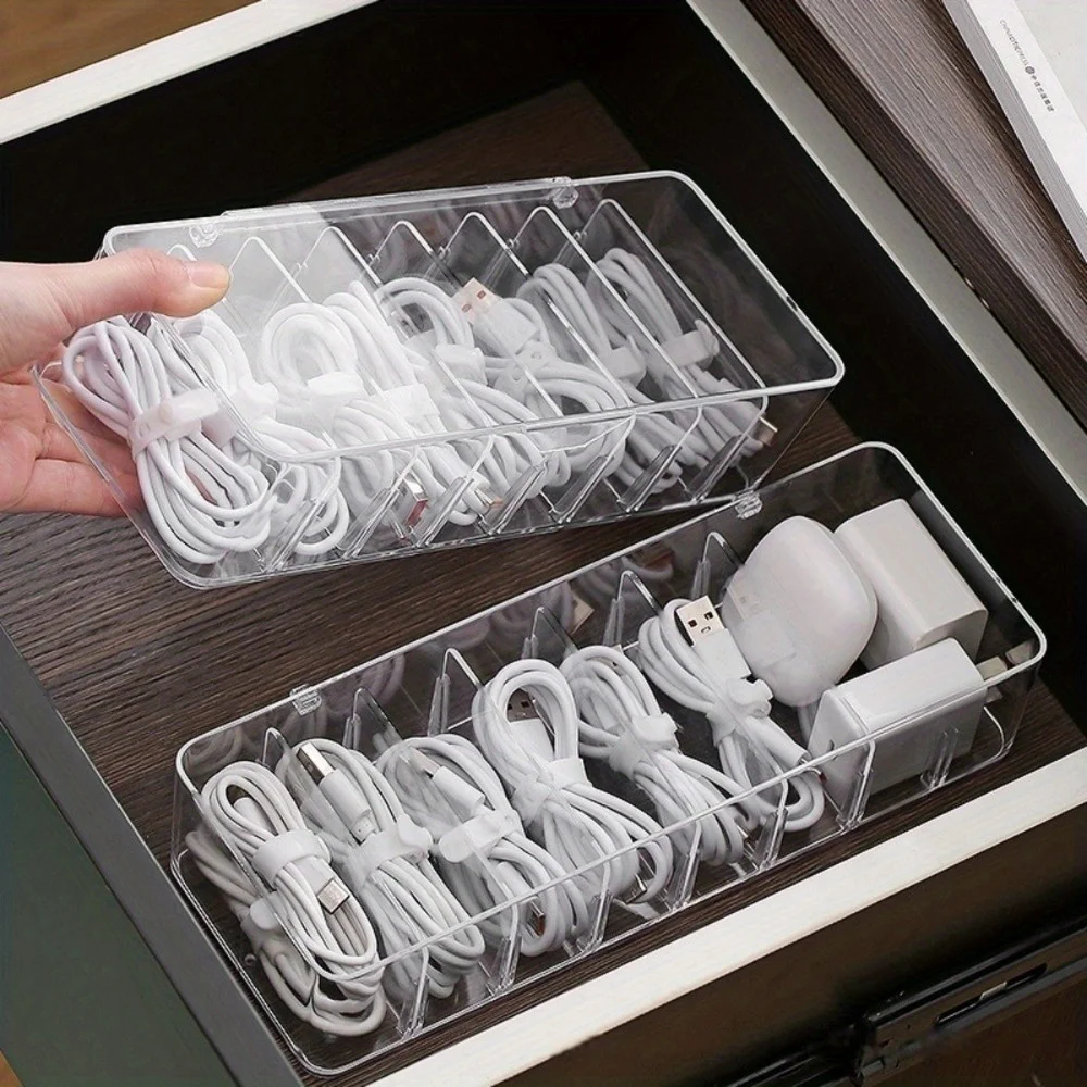 Organizador de Cables Multifuncional, Caja de Almacenamiento Transparente con Cintas para Cargadores, Auriculares, Organizador de Cajones para Ahorrar Espacio en el Escritorio