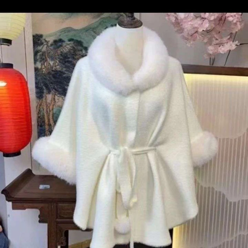 Faux Fur Wool Blends Coat Cape Waist Belt Loose Knitwear Women Autumn Winter Sweater Batsleeves Outerwear Cloak Party Elegant