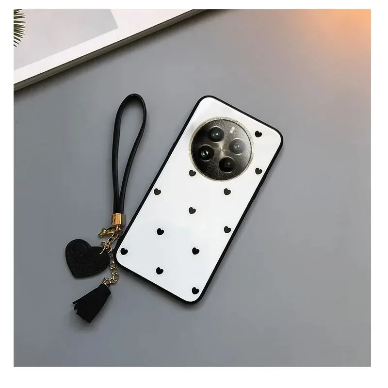 Love Heart Pattern Tempered Glass Shockproof Hard Protection Case For OPPO Realme 12 Pro Plus 12X 11 5G 10Pro C67 Tassel Lanyard