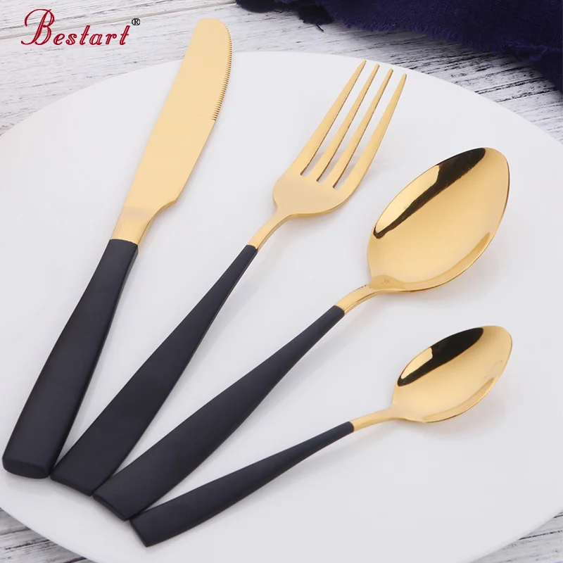 24Pcs Black Cutlery Set Stainless Steel Dinner Service 6 Person Gold Fork Spoon Knife Set Silverware Tableware Korean Dinnerware