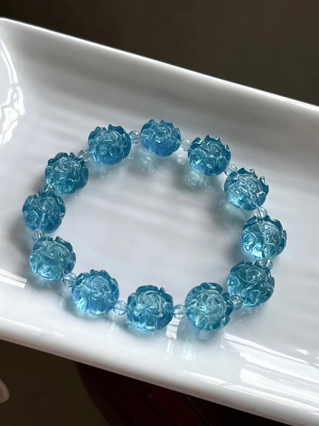 Natural Blue Aquamarine Flower Round Beads Bracelet 12x12mm Women Men Brazil Stretch Blue Aquamarine Jewelry AAAAA