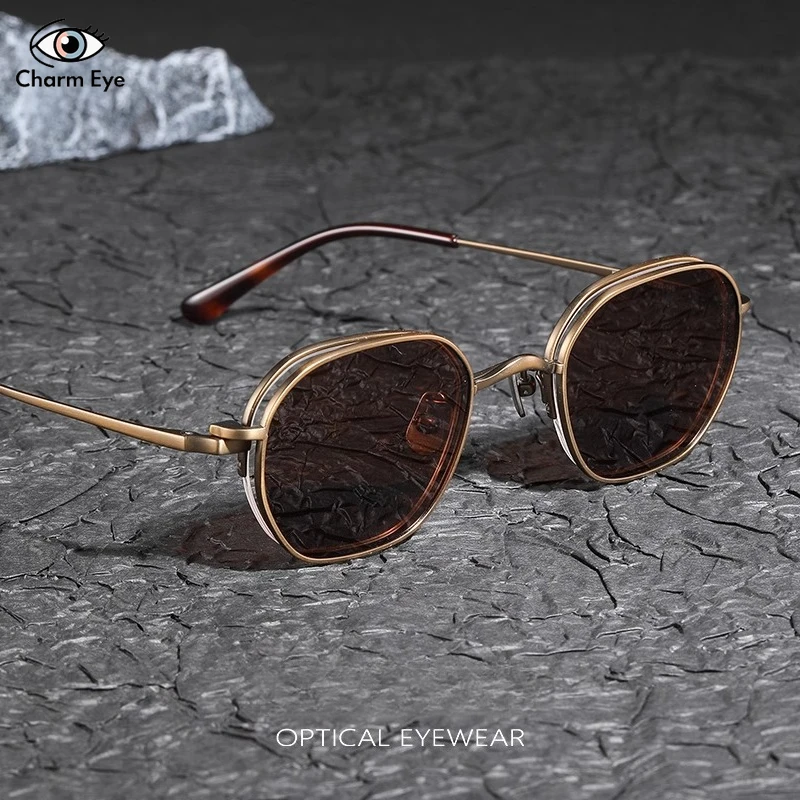 Magnetic Sunglasses Clip Retro Polygonal Pure Titanium Half Frame Myopia Men Can Be Matched with Anti Blue Light Glasses Women