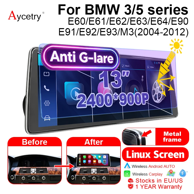 Aycetry 8.8" 12.5" 13" Schermo Linux Android Auto Autoradio Wireless Carplay Accessori Stereo per BMW Serie 3/5 E60 E61 E63 E64 E90 E91 M3 2004-2012 CIC CCC Bluetooth Autoradio Airplay Autolink