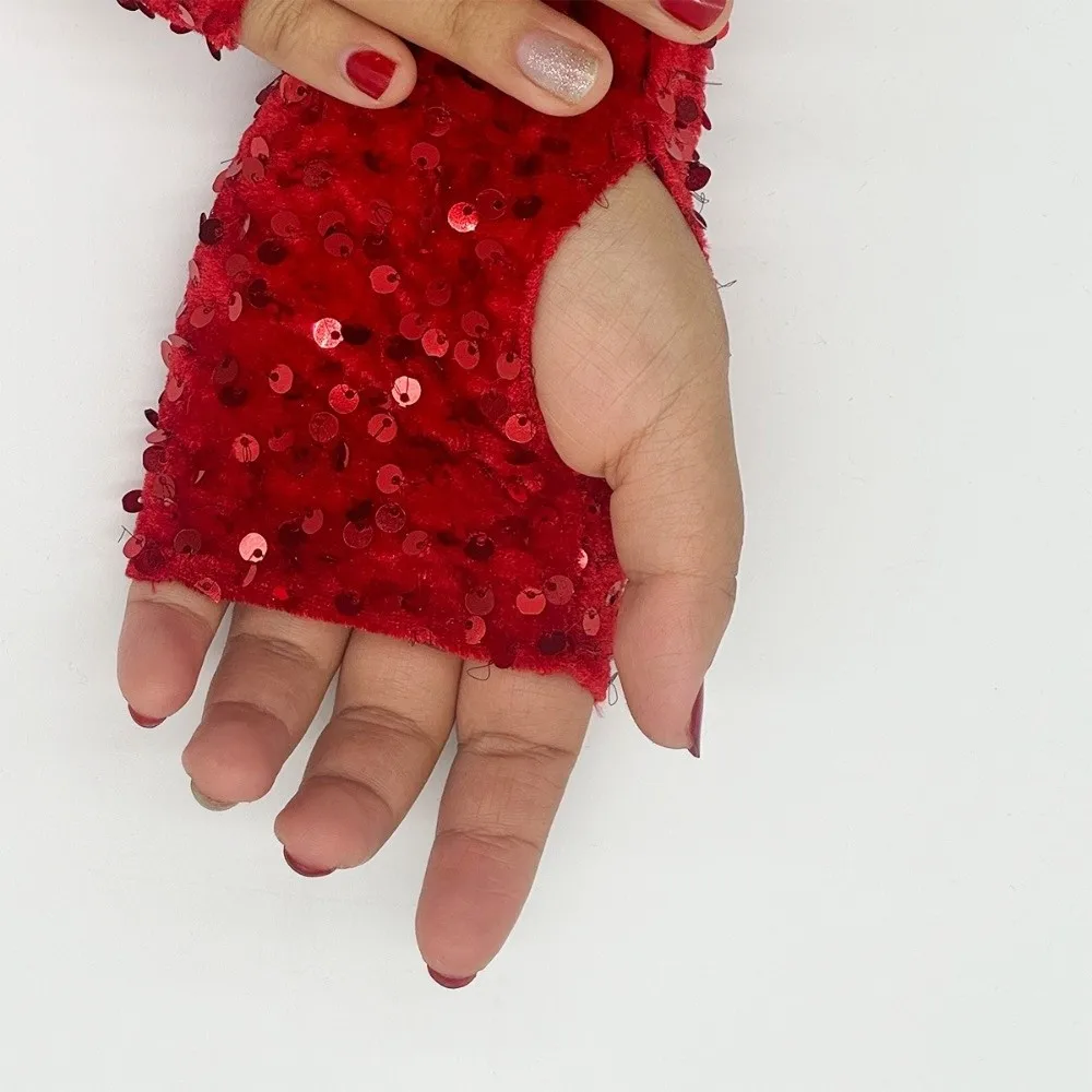 Red Christmas Glove with Shiny Sequin Holiday Decoration Exposed Finger Glove Fuzzy Hook Finger Clothing Performance Glove