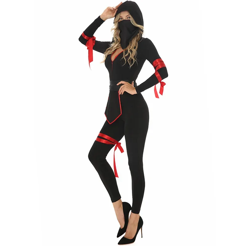 Halloween Women Red Black Sexy V Neck Jumpsuit Purim Game Role Play Samurai