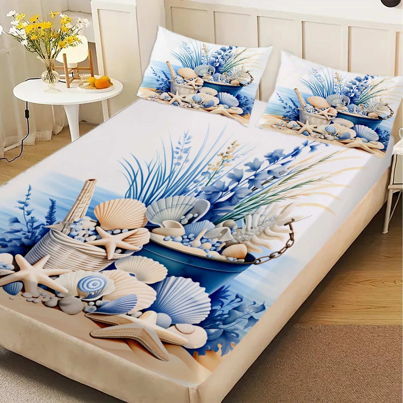 Seaside Beach Theme Fitted Sheet Set Blue And White Shell Starfish Coral Pattern With Pillowcases For Bedroom Decor