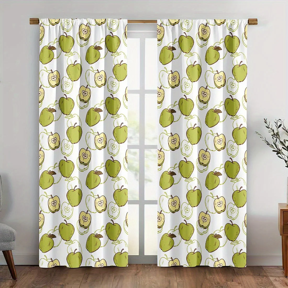 Green Pear Pattern Curtain, Cute Fruit Print Drape, Fresh Kitchen Dining Room Window Treatment, Nordic Style Home Decor