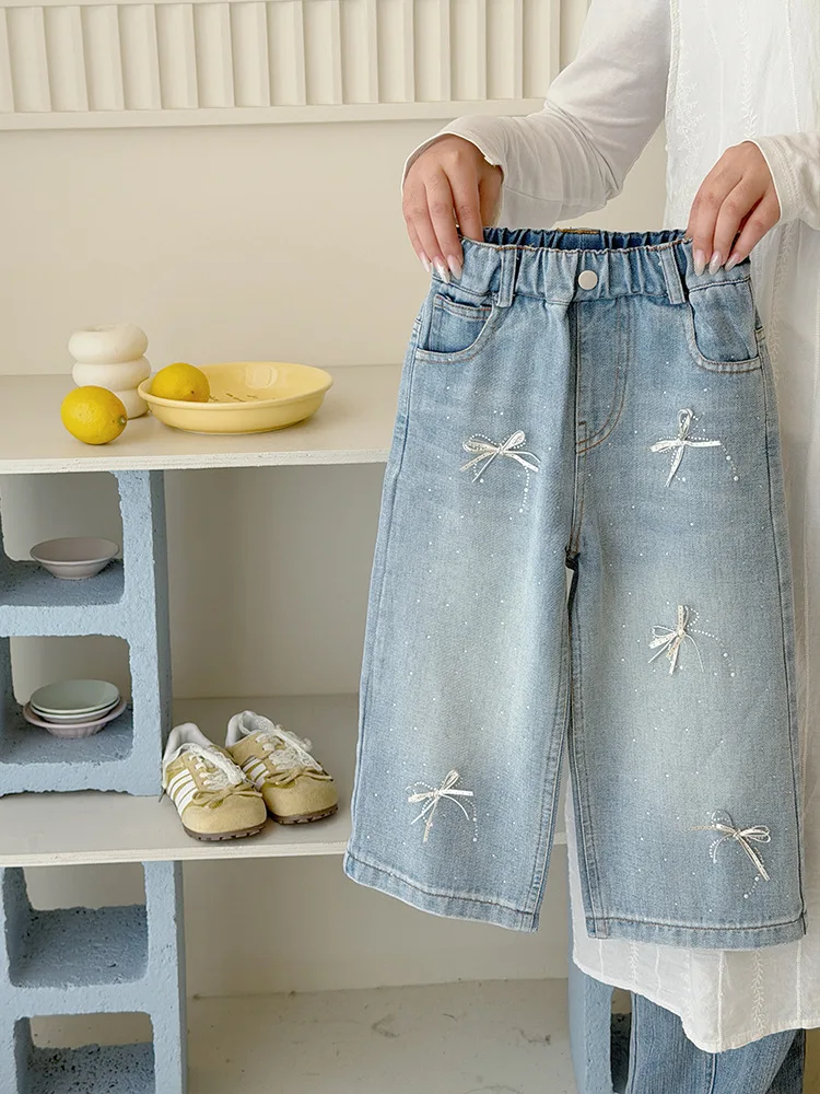 女の子用カジュアルデニムジーンズ-春のおしゃれなオールマッチロングパンツ-子供用女の子向け春用アイロン接着ラインストーンストレートレッグパンツ