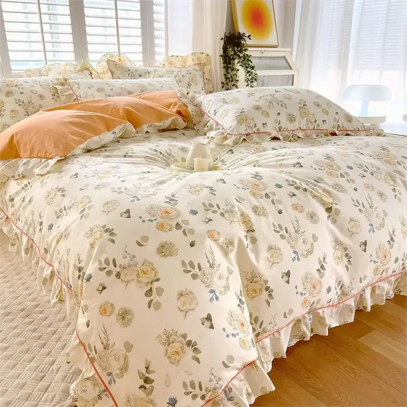 Lace Duvet Cover Single Style Floral Bedding Set Cotton Comforter Green Double Korean Quilt Cover Kawaii Ruffle Flower Bedspread