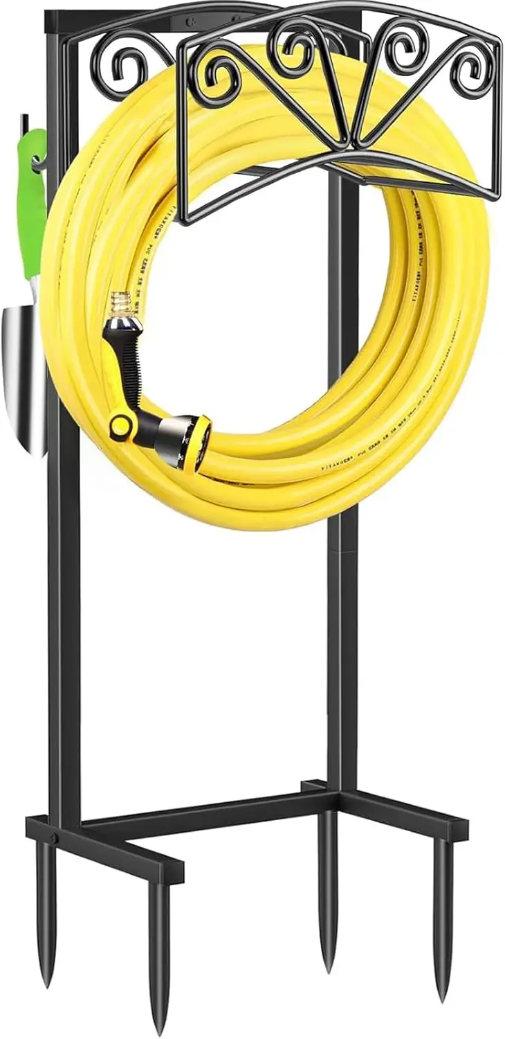 

Heavy Duty Metal Garden Hose Holder, Holds 160 FT Hoses with 2 Tool Hooks, Freestanding Outdoor Storage for Yard Lawn, Black