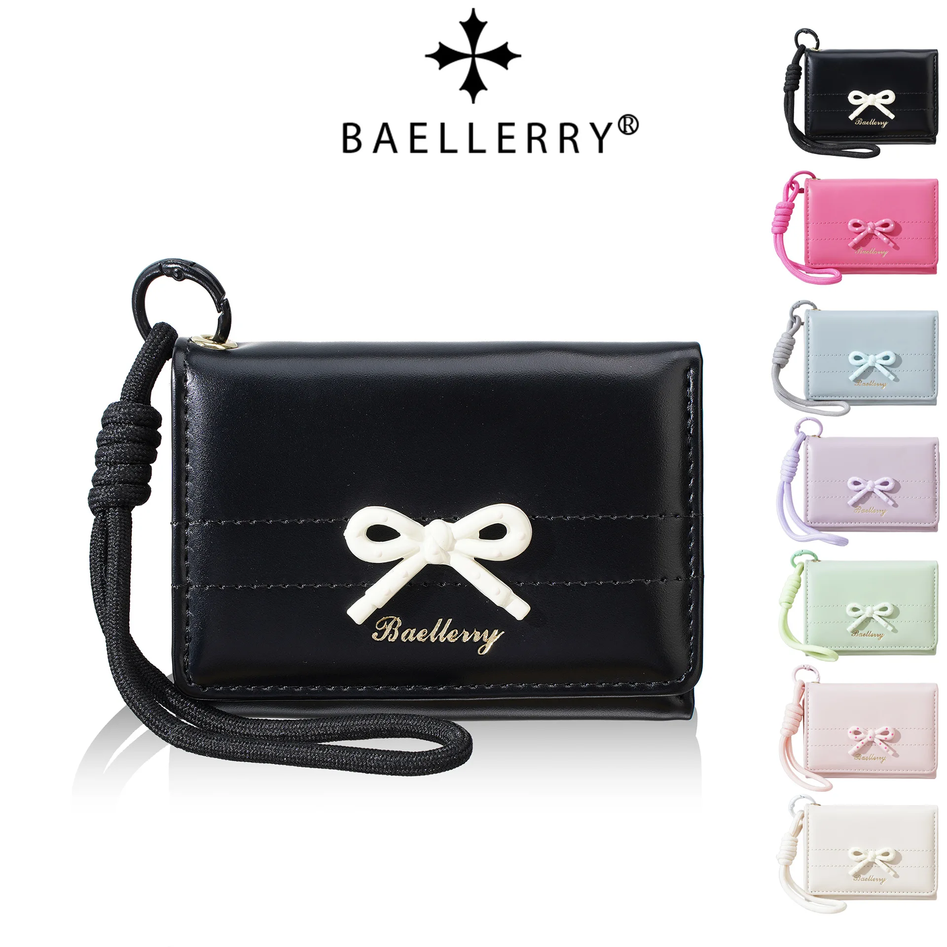Kawaii Bow Mini Foldable Card Wallet PU Leather Small Purse With Wrist Strap For Women Girls Portable Credit Card Holder Coin Po
