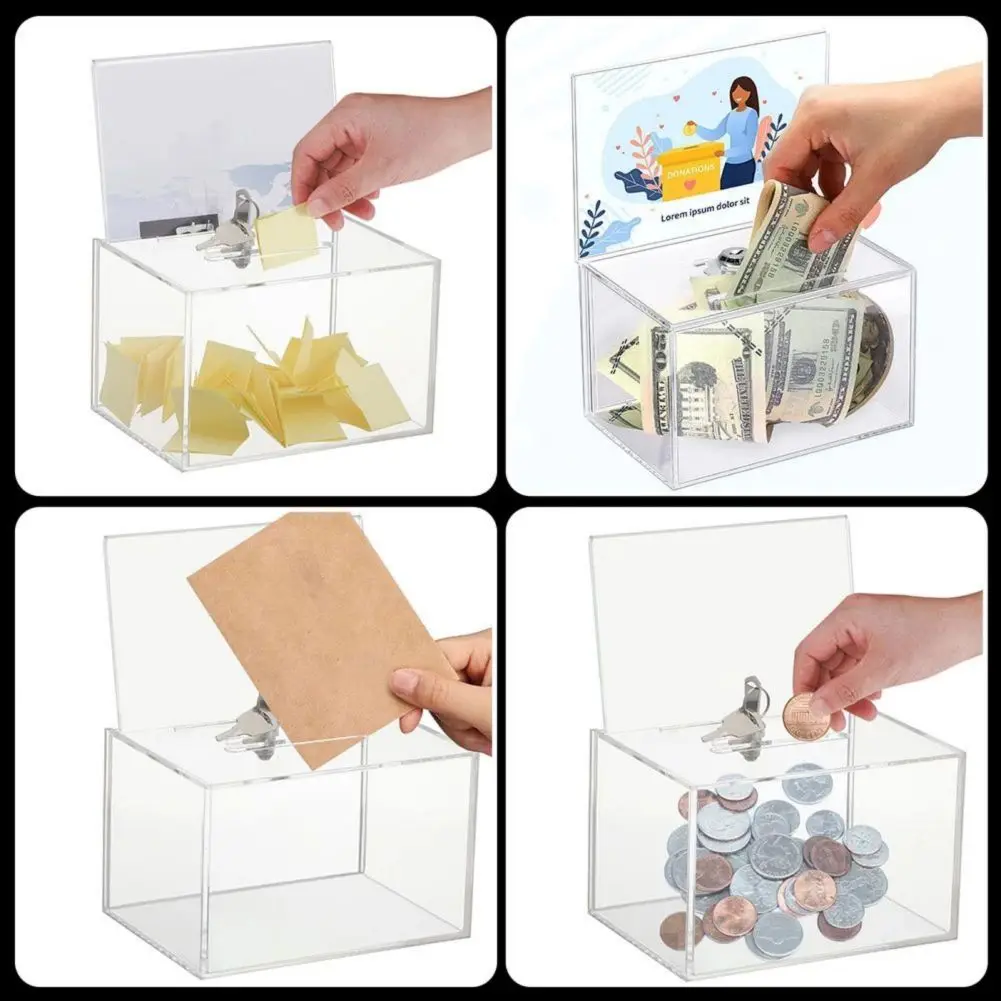 Acrylic Donation Suggestion Ballot Box With Lock Sign Holder Secure Safe Tip Jars Great For Business Cards Events 12x15.9x10.2cm