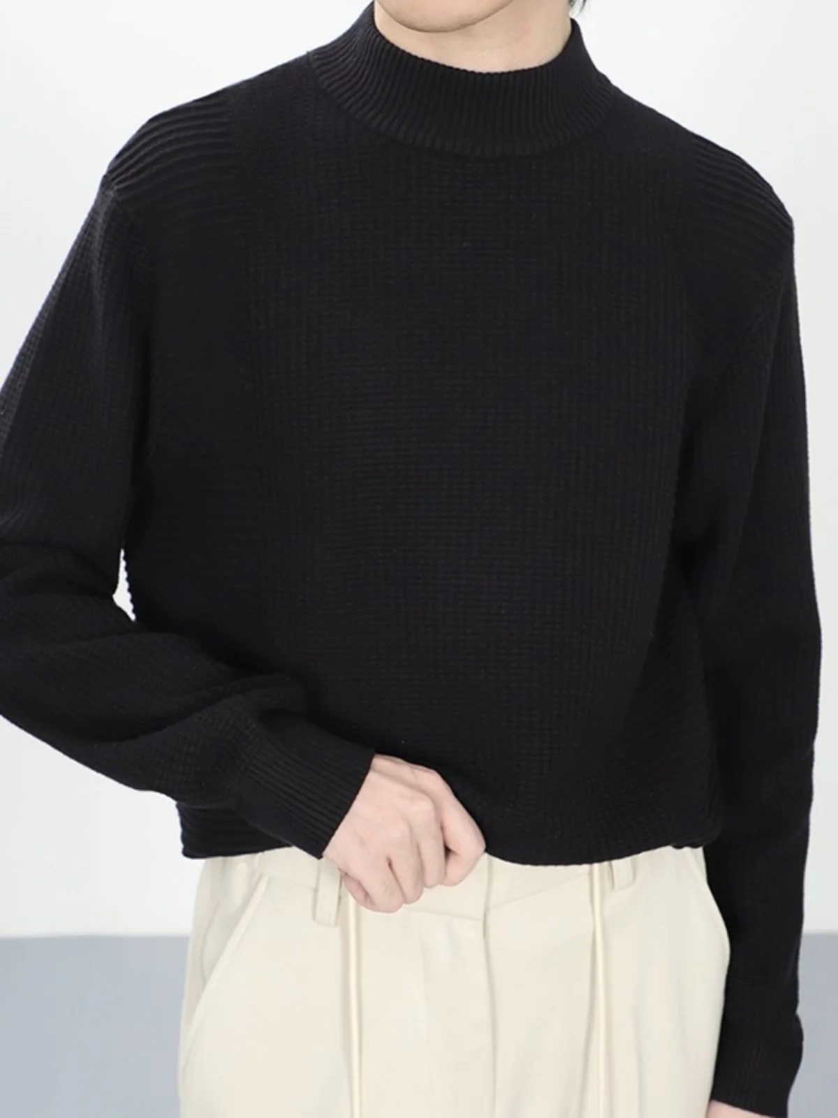High-End Texture Men's Knitted Sweater Half High Collar Fleece Lined Winter Fashion Korean Style Inner Wear Long Sleeve Top