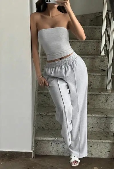 

Two Piece Set Women Outfit 2026 Spring Summer New Solid Color Strapless Crop Vest & High Waist Casual Sports Long Pants Set