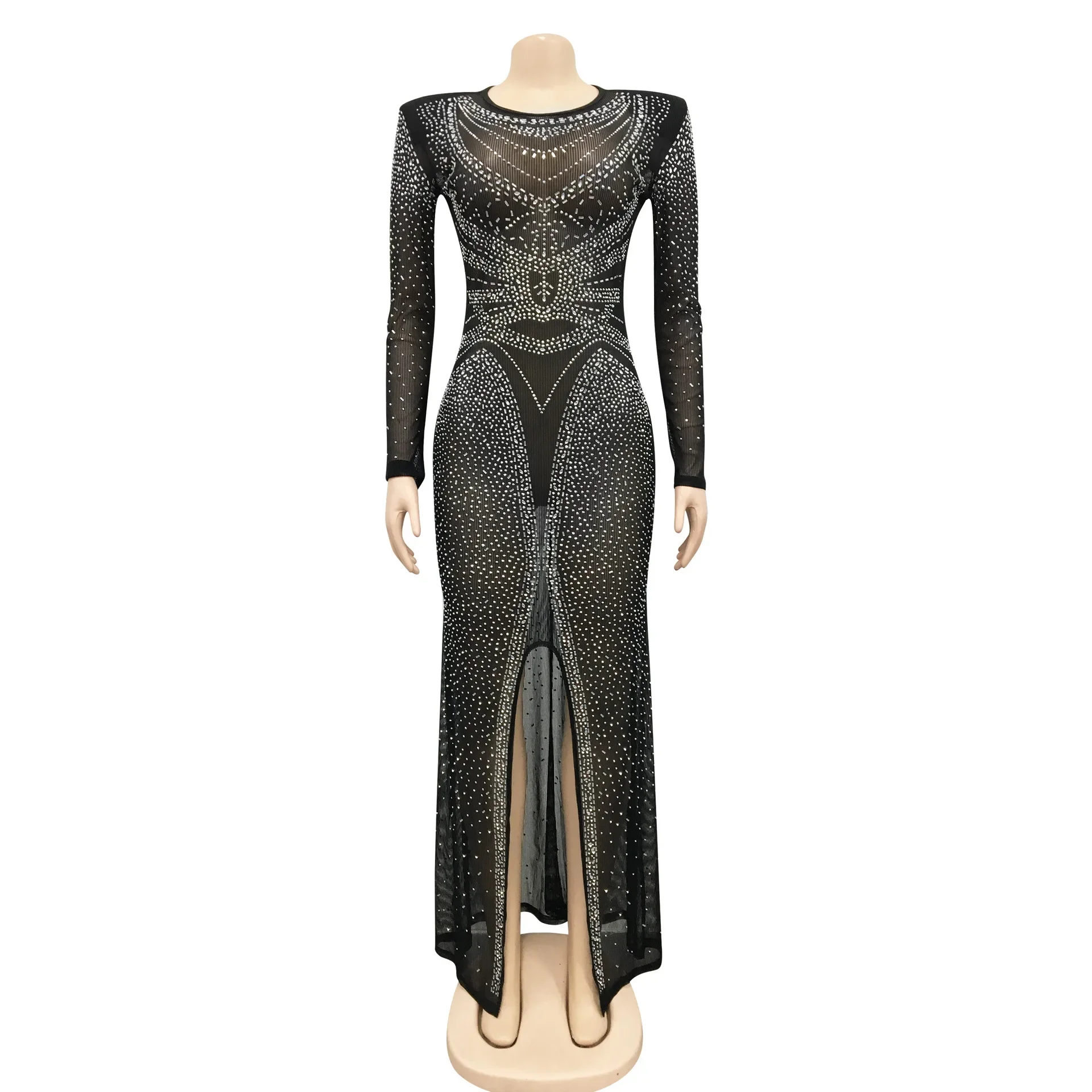 Robe de Soirée Longue Transparente en Maille et Strass pour Femme Tenue de Bal Sexy et Formelle, HXY121