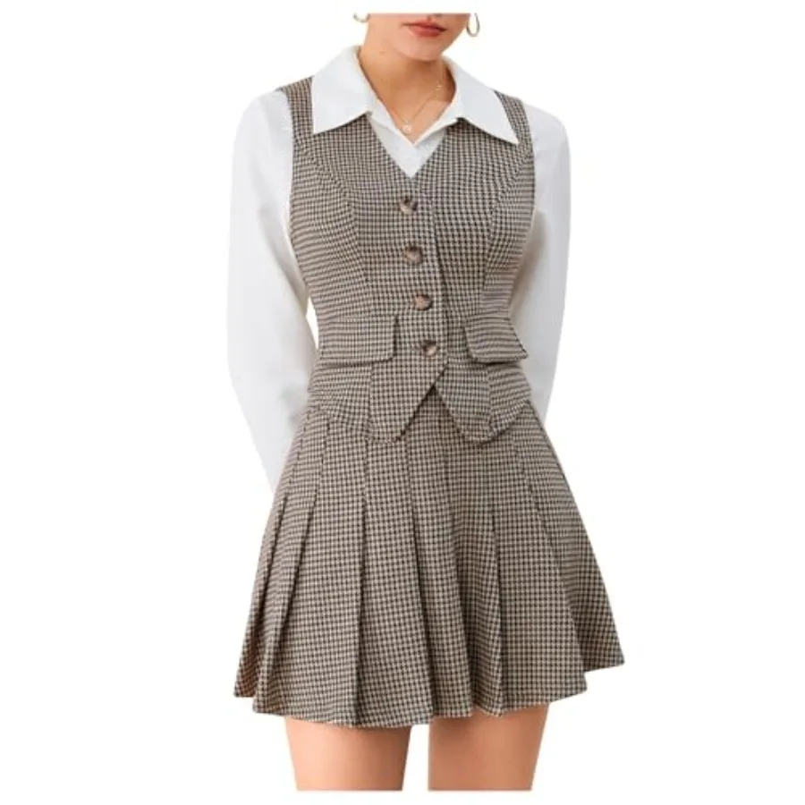 

Women's Plaid Skirt Sets 2 Pcs Outfits Blazer Vest Top and Pleated Mini Skirt Suit