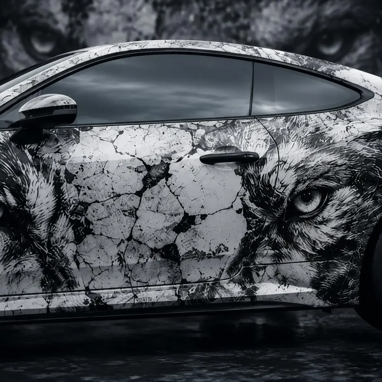 Wolf Eyes Car Wrap Vinyl Sticker, Black & White Marble Design
