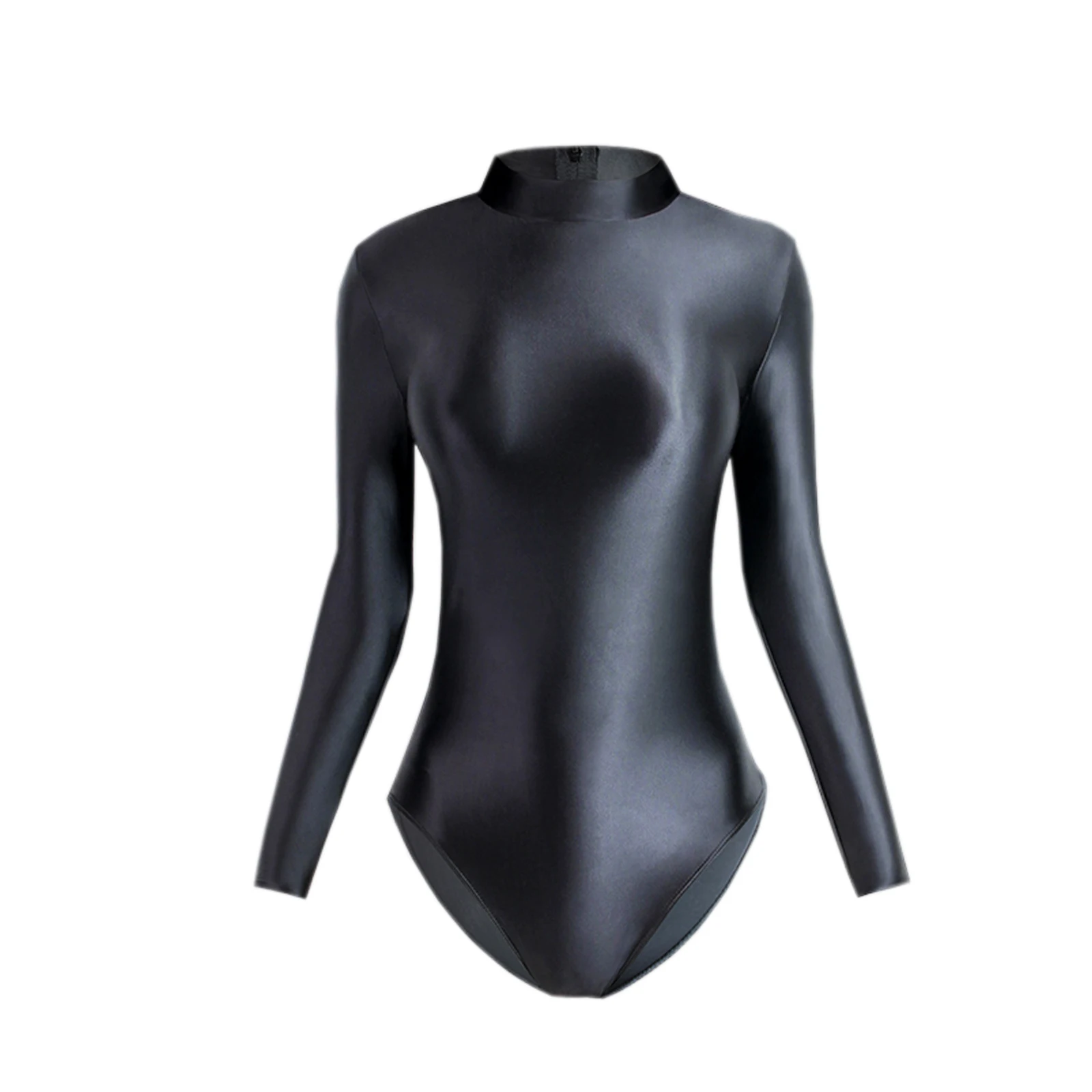 مثير لامعة المرأة قطعة واحدة ملابس السباحة حريري لامعة طويلة الأكمام البريدي الظهر عالية شوكة الجوارب يوتار ملابس السباحة