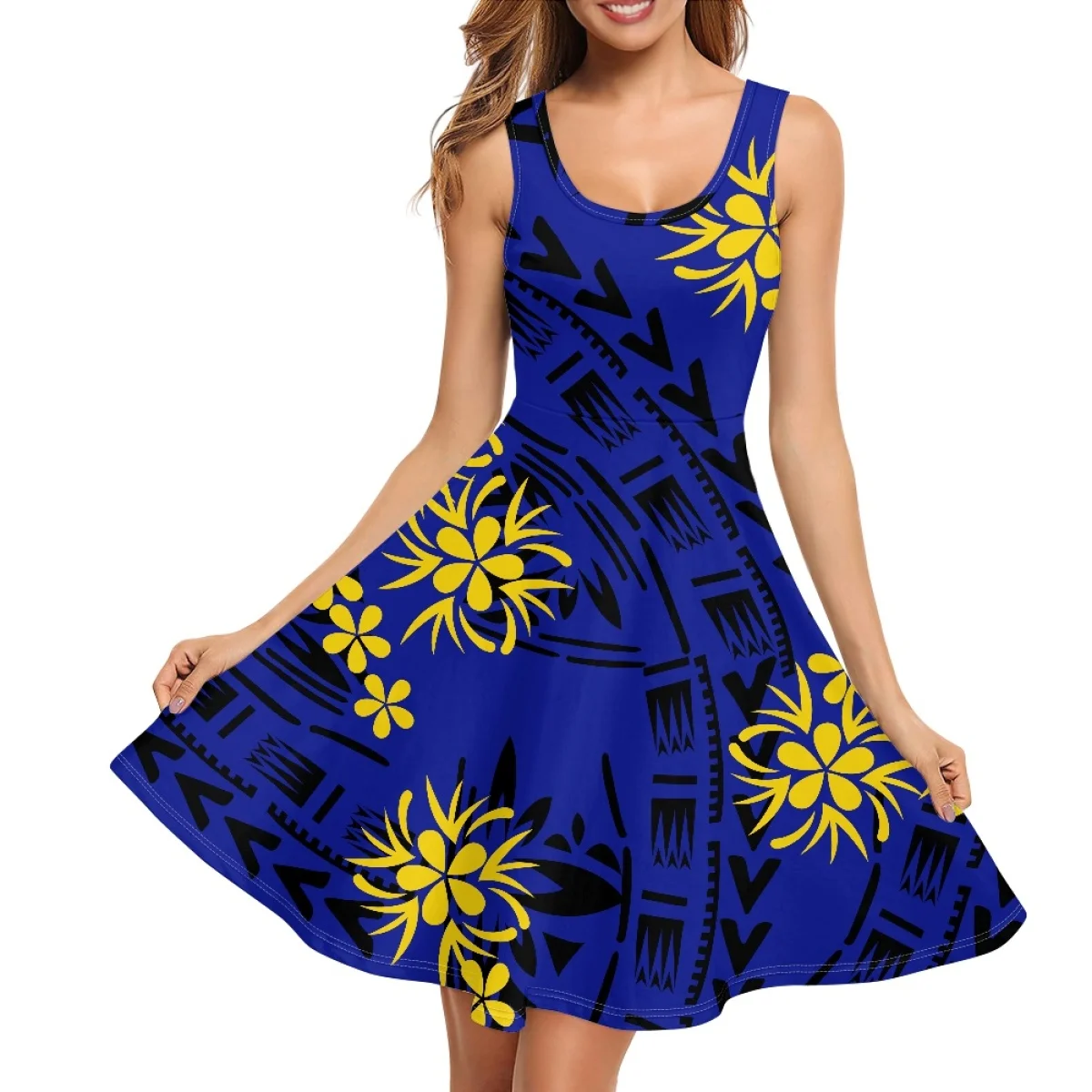 

Summer Tank Sundress for Women Beach Sleeveless Polynesian Tribal Clothing Samoa Hawaiian Floral Flowy Dress With Pockets